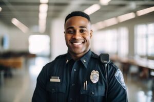 Smiling police officer in uniform standing in a bright office, representing stress management strategies for first responders.