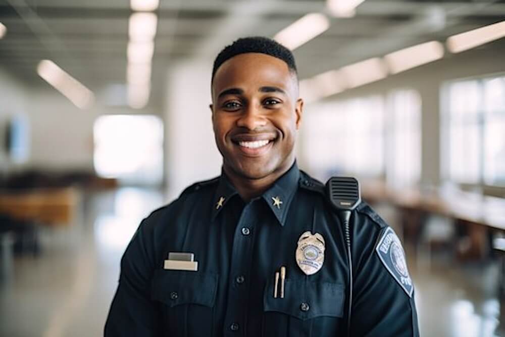 Smiling police officer in uniform standing in a bright office, representing stress management strategies for first responders.