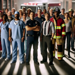 An image of diverse frontline workers, including healthcare professionals, firefighters, and police officers, with support of behavioral programs.